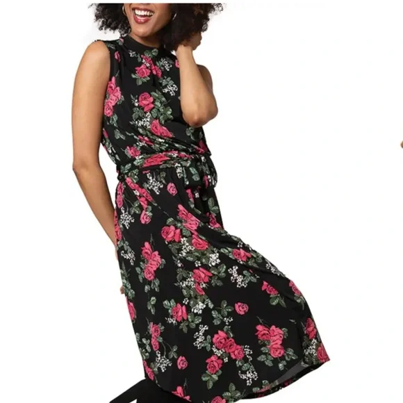 leota maxi dress Leota Floral Maxi Dress Small Wrap V Neck Stretch Fitted Floral Navy Coral NWT